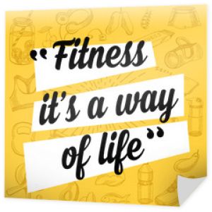 Plakat cytat motywacji fitness. Inspirujący baner siłowni z tekstem i ręcznie rysowanymi ikonami sportu.