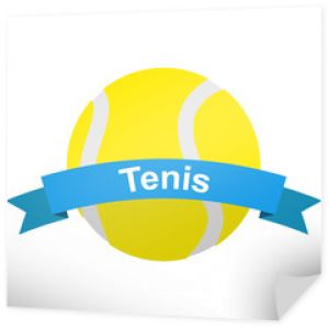Tenis tekst wstążki płaska ikona z piłką w kolorze niebieskim