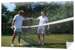 Wesoły wielonarodowy tenisiści robi uderzenie pięścią w pobliżu sieci 