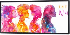 Happy international women's day concept,  8th March 2024 greeting card with text - Watercolor painting silhouette of beautiful women in their diversity, isolated on white background banner panorama