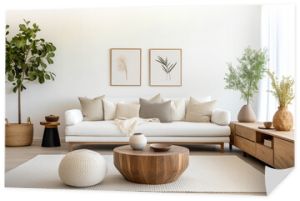Round wood coffee table against white sofa. Scandinavian home interior design of modern living room.