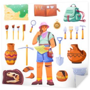 Archaeologist tools. Archeologist with archaeological artifacts and instruments, paleontology explorer digging tool, brush map excavation fossil research recent vector illustration