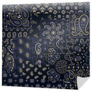 Blue bandana kerchief paisley fabric patchwork abstract vector seamless pattern for scarf kerchief shirt fabric carpet rug tablecloth pillow
