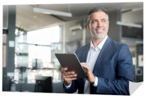 Happy middle aged business man ceo wearing suit standing in office using digital tablet. Smiling mature businessman professional executive manager looking away thinking working on tech device.
