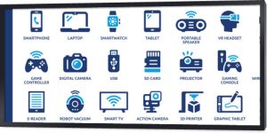 Tech gadgets icon set. Containing smartphone, laptop, tablet, smartwatch, drone, headphones, digital camera, smart TV, gaming console and more. Solid vector icons collection.