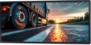 Close-up of a cargo truck on the road at sunset