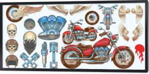 Zestaw ilustracje wektorowe, ikony vintage motocykl w różnych kątów, czaszki, skrzydła