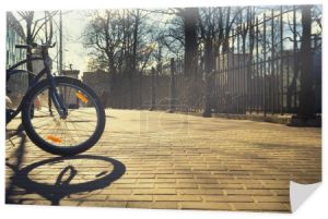Rower z pomarańczowym światłem odblaskowym w ogrodzeniu parku