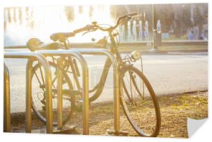 Klasyczny dwukołowy rower zaparkowany na parkingu dla rowerów w parku miejskim w słoneczny dzień o zachodzie słońca przed fontanną. Przyjazny dla środowiska środek transportu dla środowiska miejskiego.