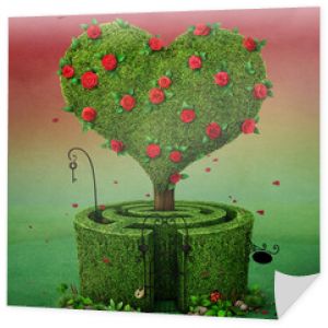 Bajkowa ilustracja z kwitnącym drzewem w kształcie serca i labiryntu