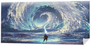 człowiek z magiczną włócznią tworzy wirujące morze na niebie, cyfrowy styl artystyczny, malarstwo ilustracyjne
