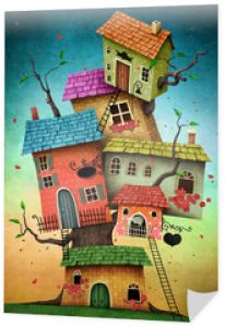 Ilustracja z nierealnym domkiem na drzewie na kartę