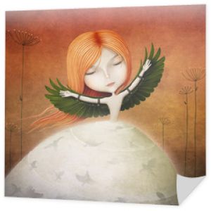 Koncepcyjna ilustracja dziewczyna ze skrzydłami i ptakami.