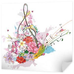 Letnia muzyka z kwiatami i motylami, kolorowe plamy.