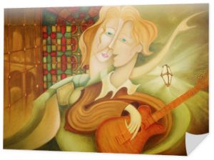 Kolorowe surrealistyczne abstrakcyjne twarze i gitara