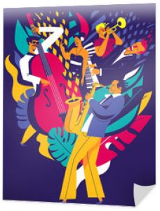 Plakat letniego festiwalu muzycznego. Skład wielu muzyków na abstrakcyjnym tle kwiatów. Ilustracja nowoczesne płaskie kolory.