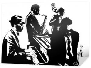 Plakat jazzowy z saksofonem, kontrabasem, fortepianem i trąbką