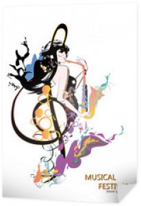 Streszczenie kolorowy plakat muzyczny z muzykami i falami muzycznymi. Ręcznie rysowane ilustracji wektorowych