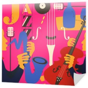 Plakat festiwalu muzyki jazzowej z wiolonczeli, saksofonu i mikrofonu płaski wektor ilustracja projektu. Kolorowe tło muzyczne, pokaz muzyczny, koncerty na żywo, ulotka imprezowa, plakat muzyki jazzowej