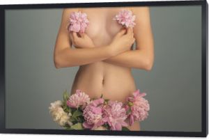 Healthy female body. Women Health. Gynecologist and mammologist. Visit to doctor. Clinic for health. Chest and female organs. Uterus, vagina, ovaries. Chest. A girl with a naked body and pink flowers