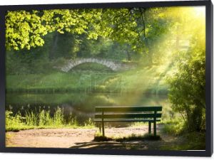 a bench in the park at sunset 