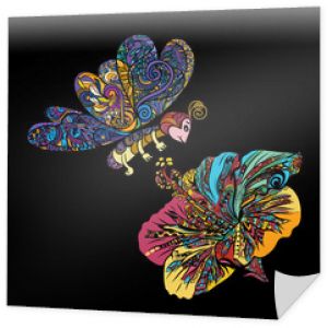 Kolorowa grafika liniowa latającego motyla z chińskim kwiatem róży