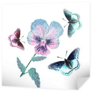 Isolated viola and butterfly flower. Perfect print for textiles and paper.