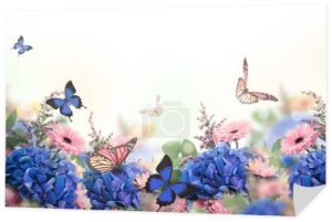 Karta kwiatowy z stokrotki i kolorowe motyle 