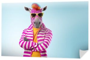 A humanized zebra in a windbreaker and goggles. Anthropomorphic stylish and elegant mammal. Portrait man with an animal face. Human characters through animals. Creative idea with a psychedelic twist.