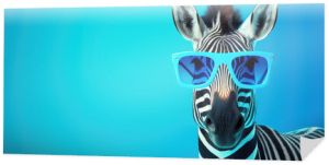 cool zebra wearing sunglasses on a vibrant blue background. stylish and funky wildlife image perfect for modern decor