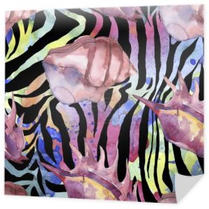 Fioletowe morskie tropikalne muszle na tle druku Zebra. Akwarela zestaw ilustracji tła. Płynny wzór tła.