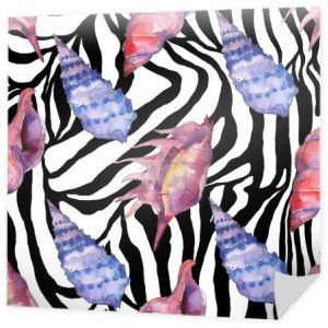 Niebieskie i fioletowe morskie tropikalne muszle na tle druku Zebra. Akwarela zestaw ilustracji tła. Płynny wzór tła.