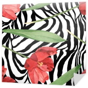 Czerwone tulipany z zielonymi liśćmi na tle zebry. Zestaw ilustracji akwarela. Płynny wzór tła.