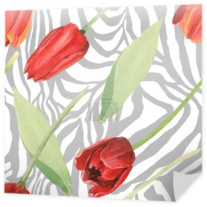 Czerwone tulipany z zielonymi liśćmi na szarym i białym tle Zebra. Zestaw ilustracji akwarela. Płynny wzór tła.