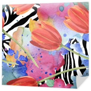 Czerwone tulipany i farby wycieki na tle Zebra. Zestaw ilustracji akwarela. Płynny wzór tła.