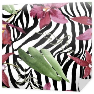 Storczyki Marsala z zielonych liści na tle Zebra. Zestaw ilustracji akwarela. Płynny wzór tła. 