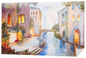 Obraz olejny - kanał w Wenecji, Włochy, współczesny impresjonizm, kol