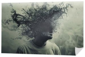 Surreal imagery depicting a person's head exploding into fragments, symbolizing psychological turmoil