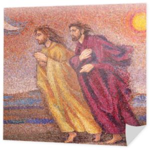 MILAN, ITALY - MARCH 8, 2024: The mosaic of St. Peter and John running to the empty tomb in the church Chiesa di Santi Quattro Evangelisti by Italo Persson and Silvio Consadori from 20. cent.