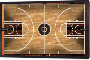 Realistyczna ilustracja 3D boiska do koszykówki z drewnianą podłogą (parkiet) oraz pomarańczową i czarną piłką
