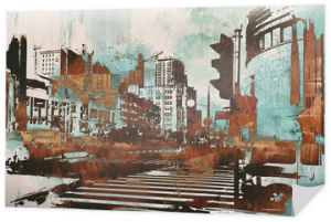 miejski pejzaż miejski z abstrakcyjnym grunge, malarstwo ilustracyjne