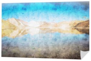 Abstrakcyjne malarstwo jeziora i góry, obraz krajobrazu natury, cyfrowy akwarela ilustracja, sztuka na tle