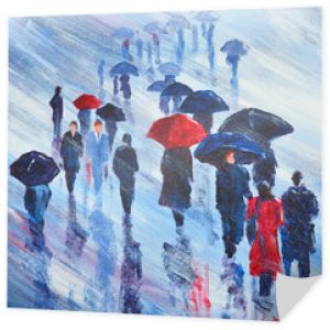 Malarstwo akrylowe przedstawiające ludzi chodzących w deszczu z parasolami