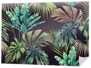 Akwarela kolorowe potwory, kokos, banan liście bezszwowe wzór tła.Obraz akwarela ilustracja tropikalne egzotyczne odcisków liści tapety, tkaniny Hawaje aloha dżungli wzór.