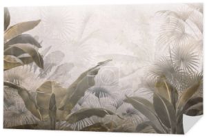 tropikalne drzewa i liście w mglistym projekcie tapety leśnej - ilustracja 3D