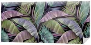 Tropikalny egzotyczny bezszwowy wzór z liśćmi banana vintage, palmami i koloką. Ręcznie rysowana ilustracja 3D. Nadaje się do produkcji tapet, papieru upominkowego, tkanin, nadruku tkanin, towarów.