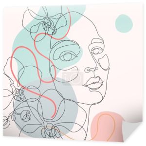 Kobieta twarz jeden rysunek linii z minimalnymi kształtami, zakrzywione linie i piękne storczyki. Portret kobiety z tropikalnych kwiatów ilustracji do projektowania mody. Streszczenie minimalny rysunek młodej dziewczyny