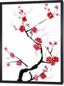 Gałąź kwitnącego drzewa. Różowo-czerwone stylizowane kwiaty śliwki mei, dzikich moreli i sakury. Ilustracja akwarela i tusz w stylu sumi-e, u-sin. Orientalne malarstwo tradycyjne.