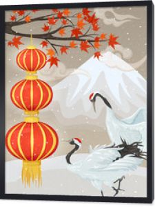 Chińskie lampiony, żurawie i góra śniegu. Zimowy azjatycki krajobraz
