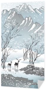 Cztery pory roku: zima, chiński tradycyjny styl malowania, wektor